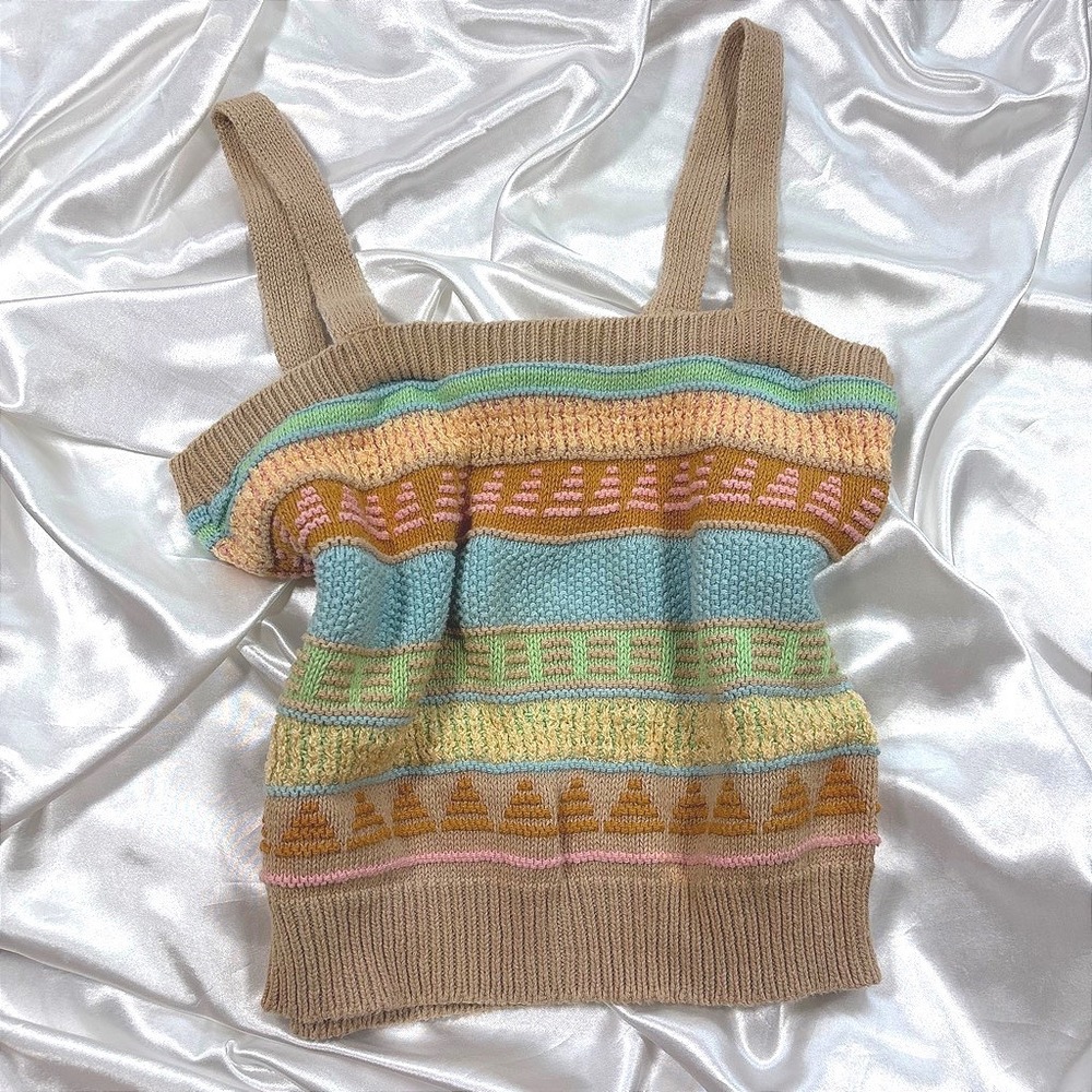 Vintage Anne Pinkerton Knit Tank Top Multi-Color Geometric Striped Cami